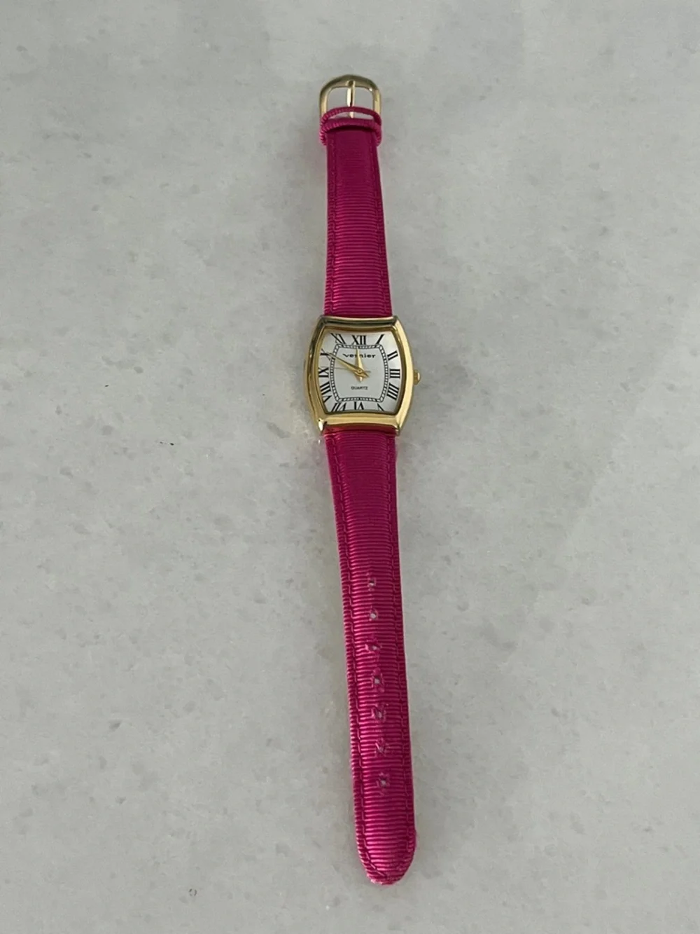 Vernier Gold-Tone Women’s Watch with Fuchsia Pink Grosgrain Strap